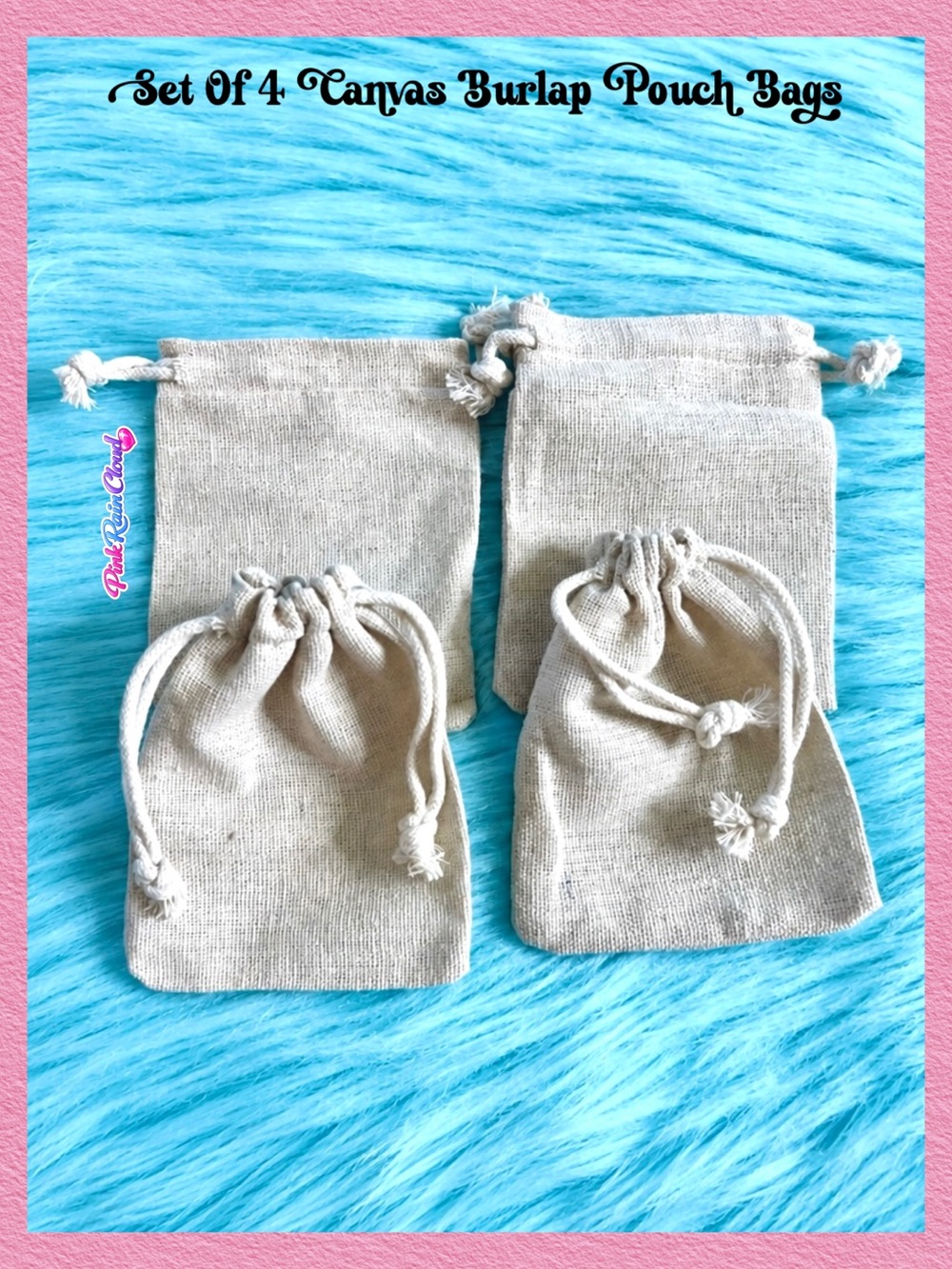 Set of 4 Burlap Canvas Drawstring Bags Rustic Gift Favor Jewelry Spice Pouches